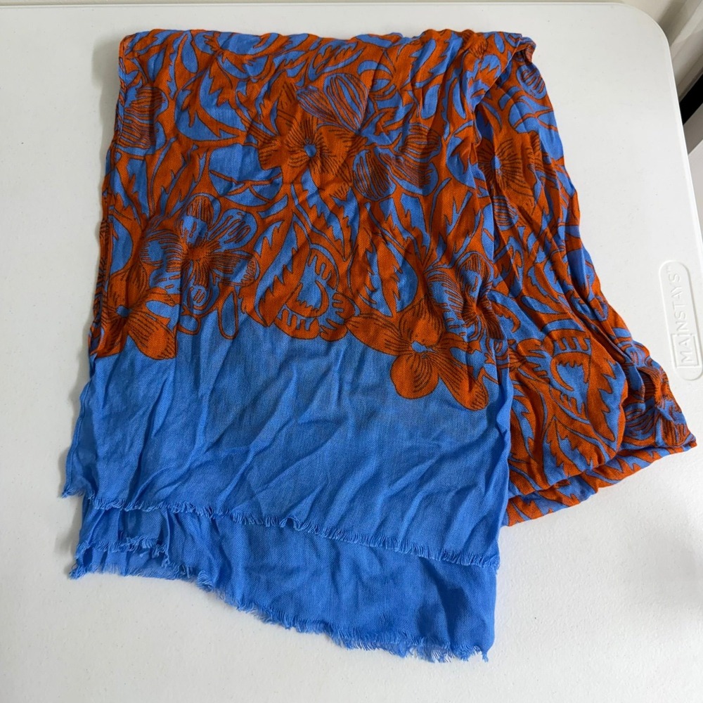 Women's blue orange floral print fringe lightweight fashion scarf accessories